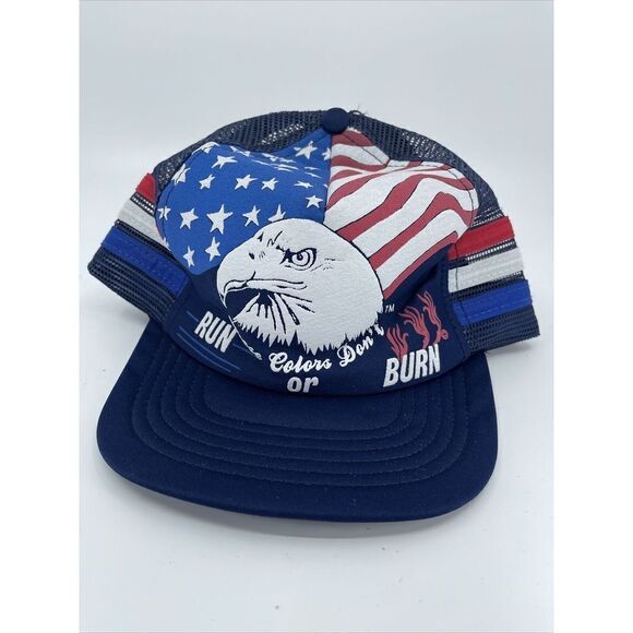 Vintage 3 Stripe THESE COLORS DON'T RUN OR BURN Trucker Snapback Hat USA - Picture 1 of 6